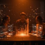 Fundadores de startups en España colaborando con hologramas digitales que muestran crecimiento e innovación tecnológica en 2025.