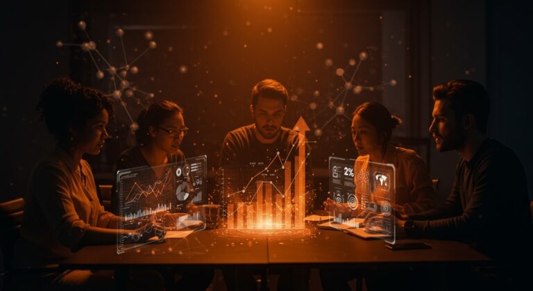 Fundadores de startups en España colaborando con hologramas digitales que muestran crecimiento e innovación tecnológica en 2025.