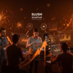 Founders de startups españolas colaborando en SLUSH Helsinki con símbolos de innovación tecnológica, inteligencia artificial y networking en el ecosistema europeo.
