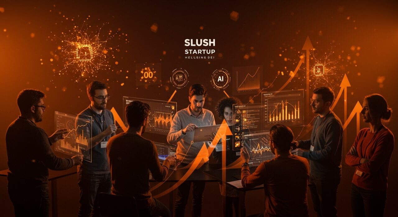 Founders de startups españolas colaborando en SLUSH Helsinki con símbolos de innovación tecnológica, inteligencia artificial y networking en el ecosistema europeo.