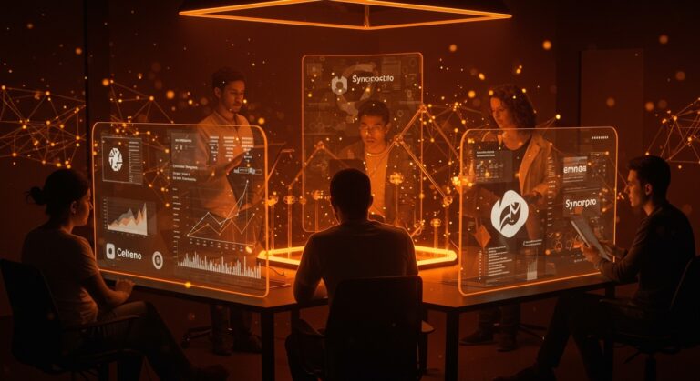 Startups ganadoras de la Aceleradora 100+ Labs colaborando en un espacio tecnológico moderno, representando innovación, funding y ecosistema startup LATAM.