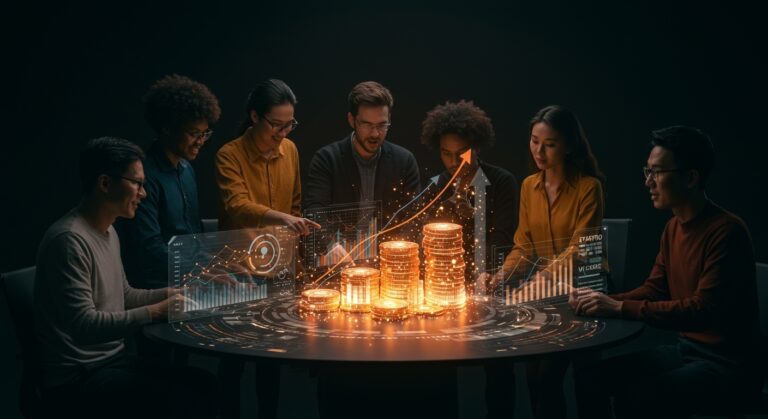 Startups de IA en EE. UU. recaudando más de 100 millones en 2025 con colaboración y flujos de inversión visibles en hologramas digitales.