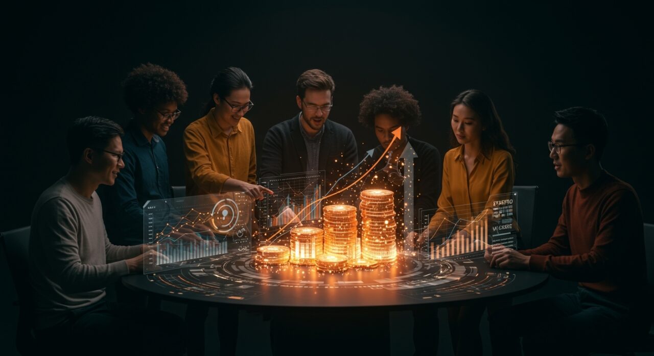 Startups de IA en EE. UU. recaudando más de 100 millones en 2025 con colaboración y flujos de inversión visibles en hologramas digitales.