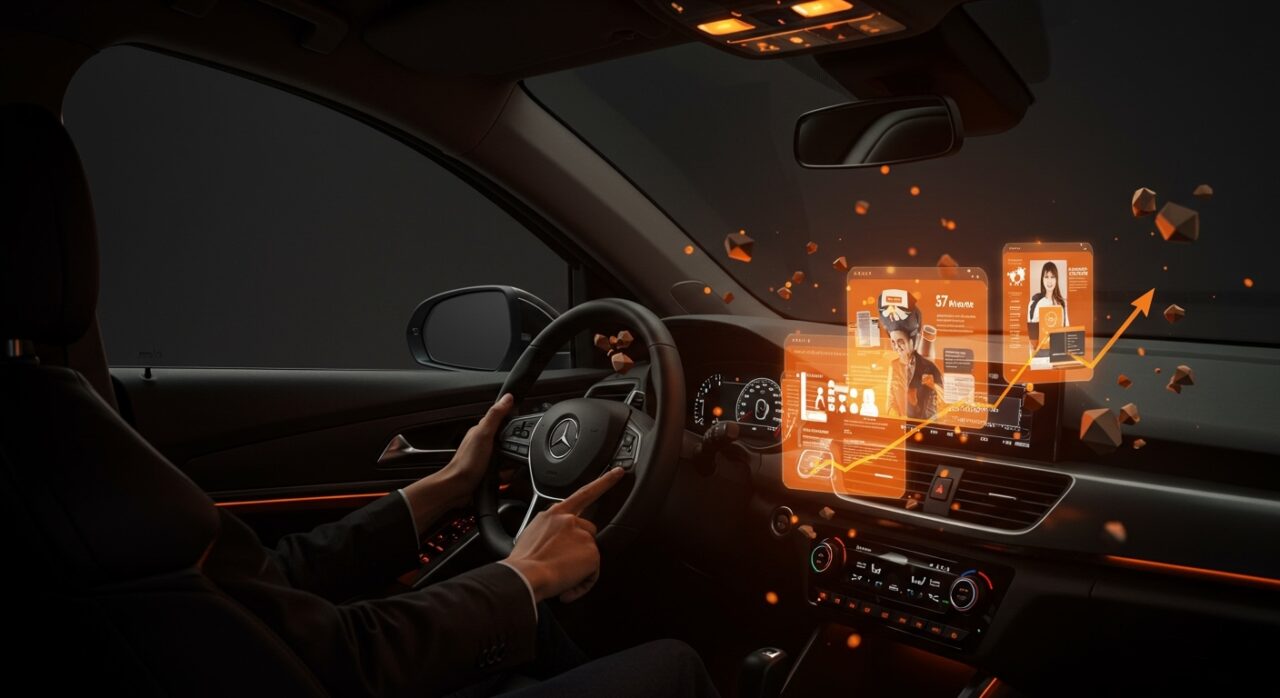 Interior moderno de automóvil con pop-up ads digitales destacando marketing digital y experiencia de usuario para aumentar ventas en Stellantis.