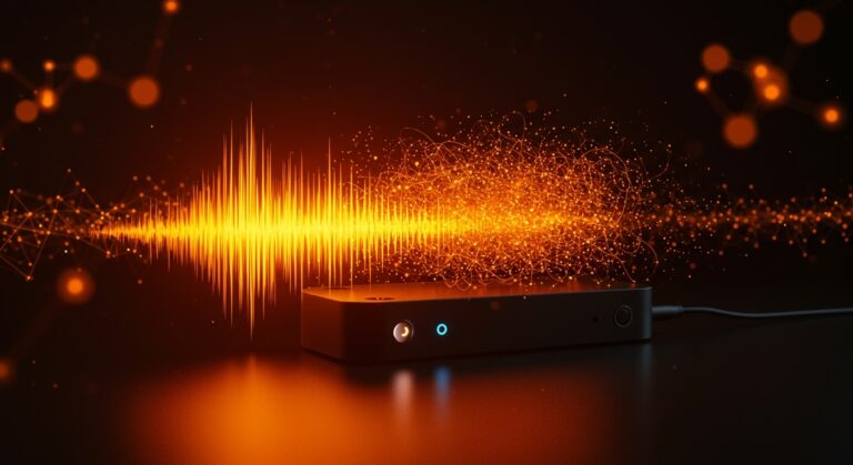 Dispositivo tecnológico moderno mostrando aislamiento de voz en ambientes ruidosos con elementos de IA aplicada y financiación startup.