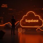 Fundador de startup frente a símbolo digital de base de datos, representando la estrategia de funding y visión de Supabase en el ecosistema open-source.