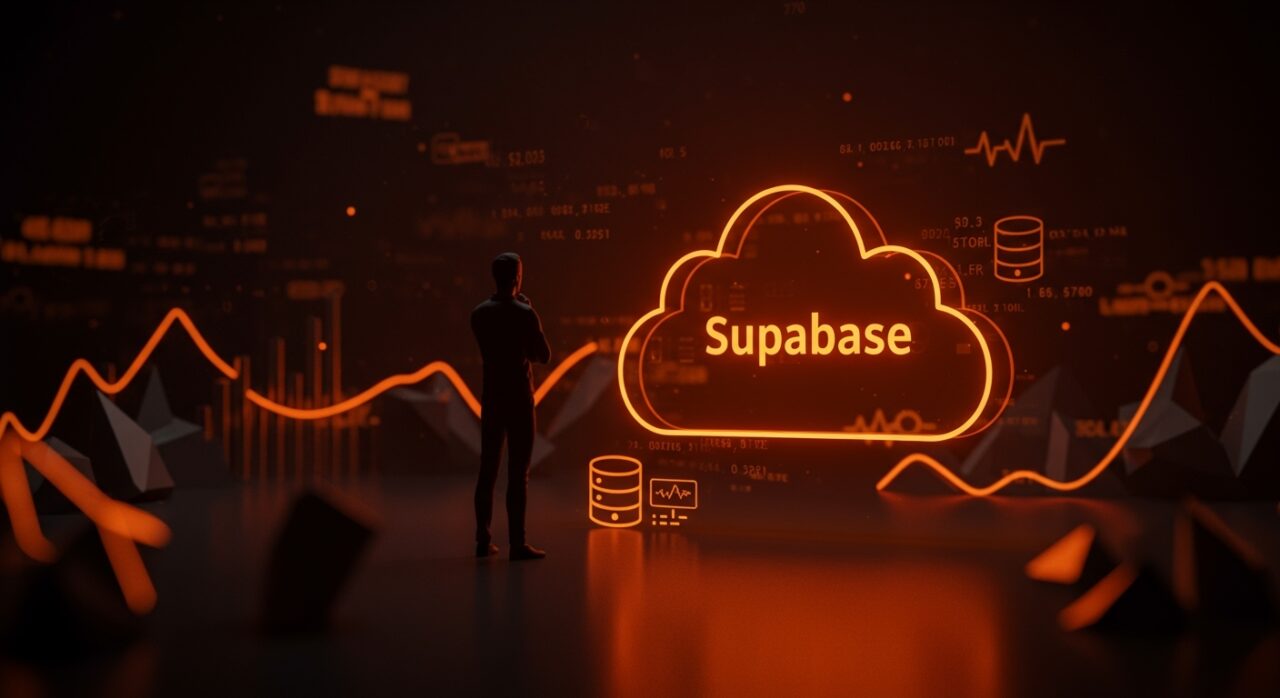 Fundador de startup frente a símbolo digital de base de datos, representando la estrategia de funding y visión de Supabase en el ecosistema open-source.