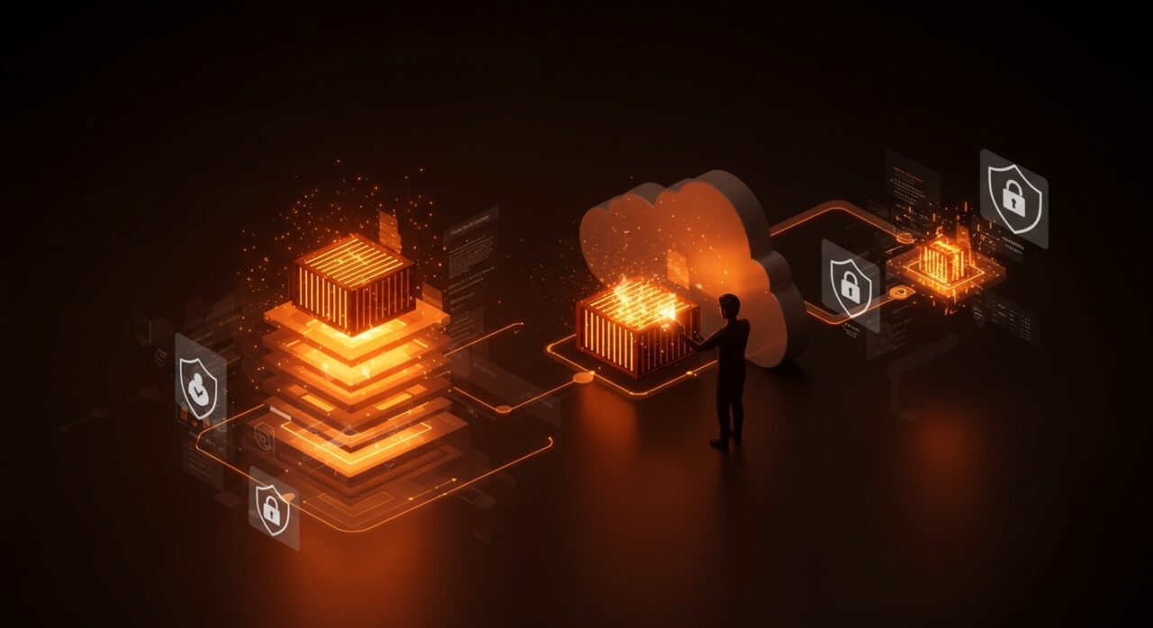 Optimización y seguridad de contenedores Docker en entornos SaaS representados con iconografía digital y metáforas visuales de automatización y DevOps.