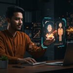 Fundador tecnológico hispano usando una interfaz holográfica para crear agentes IA no-code y automatizar procesos en startups.