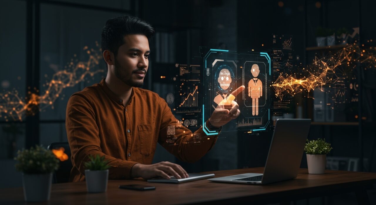 Fundador tecnológico hispano usando una interfaz holográfica para crear agentes IA no-code y automatizar procesos en startups.