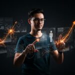 Fundador de startup usando IA no-code para automatización y crecimiento tecnológico con agentes inteligentes.