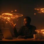 Fundador tech usando agentes IA no-code para automatizar procesos en startups, destacando innovación en tecnología africana con SwarmZero.