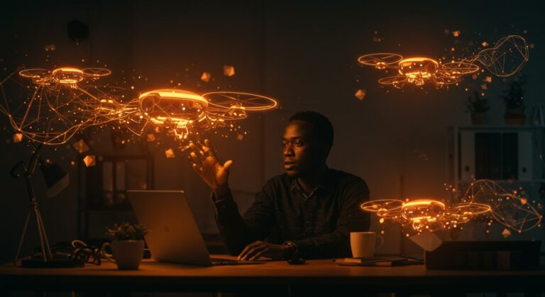 Fundador tech usando agentes IA no-code para automatizar procesos en startups, destacando innovación en tecnología africana con SwarmZero.