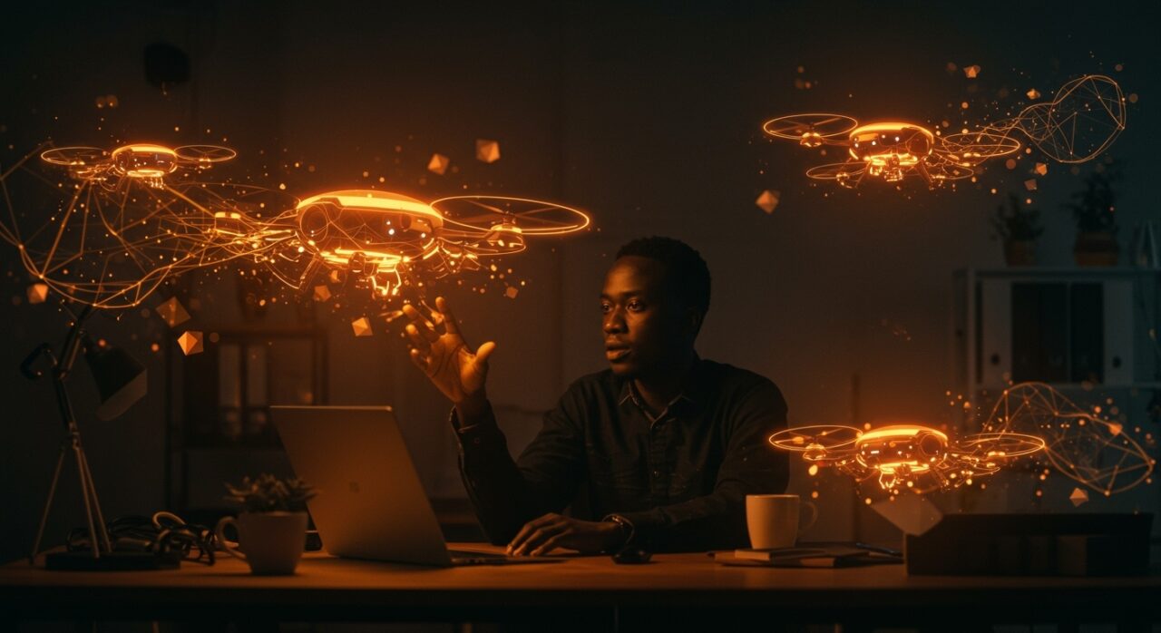 Fundador tech usando agentes IA no-code para automatizar procesos en startups, destacando innovación en tecnología africana con SwarmZero.