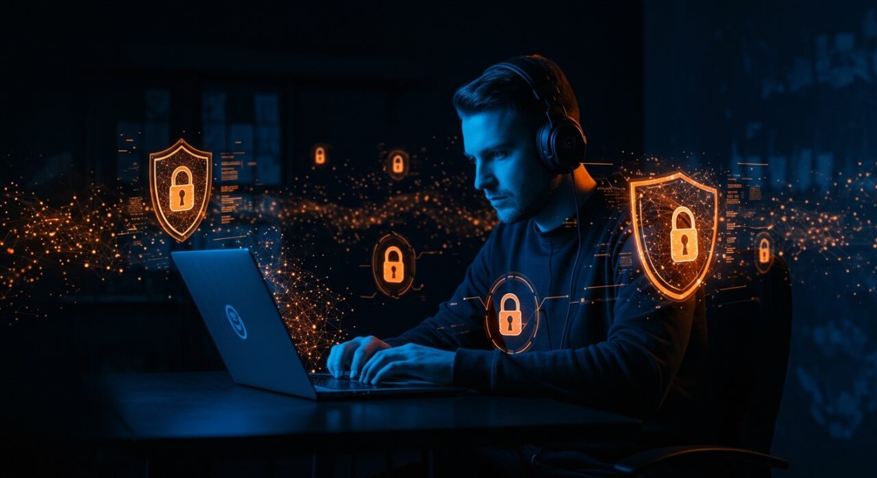 Profesional de blue team usando IA offline para ciberseguridad avanzada en un entorno seguro y automatizado con privacidad garantizada.