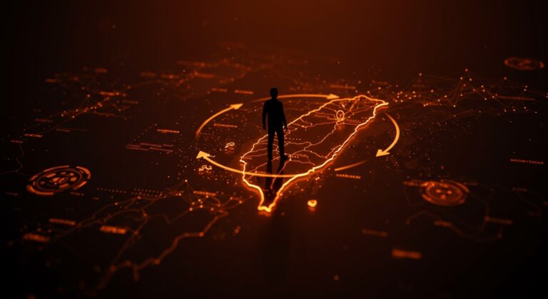 Líder taiwanés redefiniendo el status quo con imágenes digitales que representan impacto en el mercado asiático y relaciones geopolíticas.