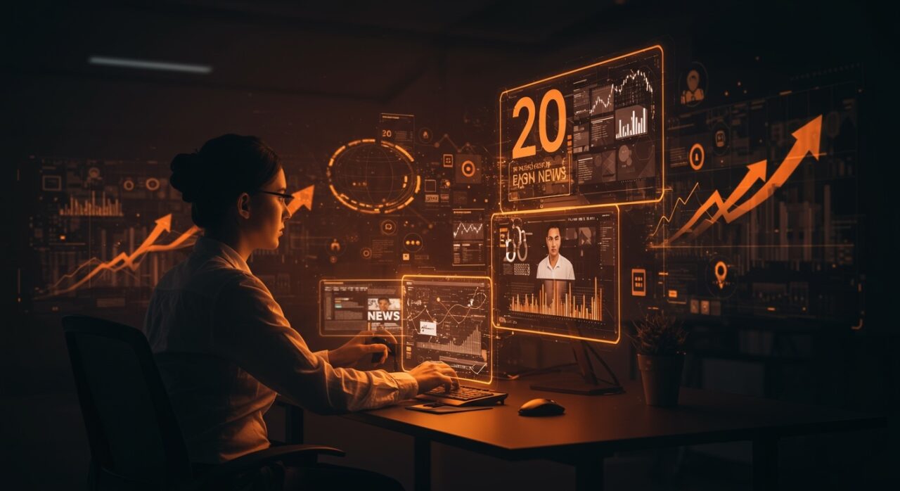 Editor digital trabajando en un entorno tecnológico inmersivo que representa la constancia y el impacto de Techmeme en medios tecnológicos tras 20 años.