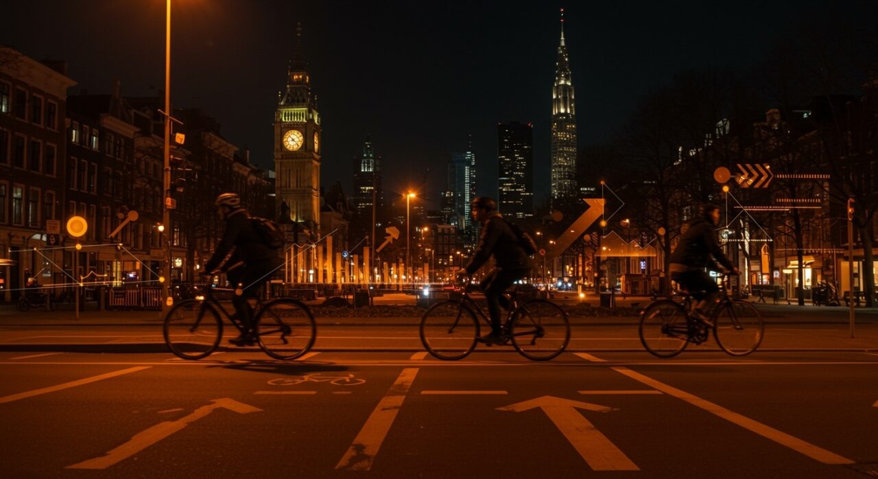 Movilidad urbana sostenible con ciclistas en ciudad innovadora destacada en el ranking Copenhagenize 2025.