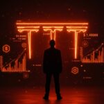 Elon Musk frente al logo digital de Tesla con gráficos de mercado y símbolos de crecimiento reflejando un acuerdo de compensación de $1 billón.