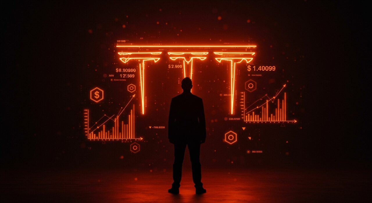 Elon Musk frente al logo digital de Tesla con gráficos de mercado y símbolos de crecimiento reflejando un acuerdo de compensación de $1 billón.