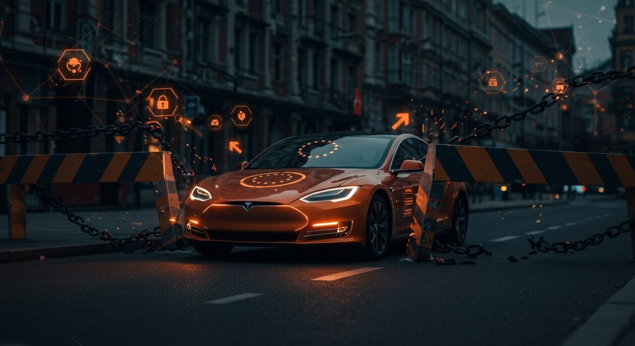 Tesla Full Self-Driving enfrentando obstáculos regulatorios en Europa con metáforas visuales de conducción autónoma y cumplimiento normativo.