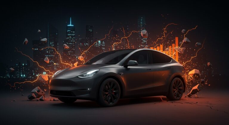 Tesla Model Y destacando problemas de confiabilidad según TÜV Report, con metáforas visuales sobre vehículos eléctricos y movilidad eléctrica en estilo Ecosistema Startup.