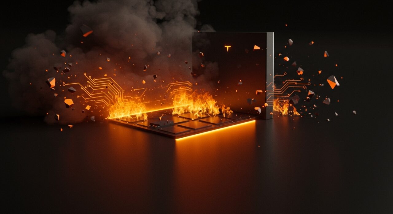 Tesla Powerwall 2 destacado con señales de riesgo de incendio y sobrecalentamiento en contexto de recall en EE.UU. sobre seguridad y baterías domésticas.