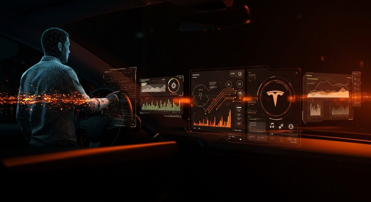 Interfaz de conducción autónoma de Tesla y data streams simbolizando seguridad y competencia en movilidad autónoma.