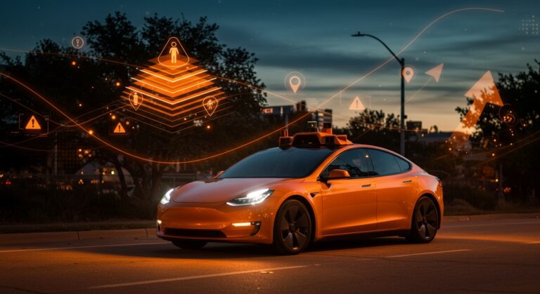 Tesla Robotaxi en Austin con alertas de accidentes y representaciones visuales de desafíos de la conducción autónoma y tendencias tecnológicas.