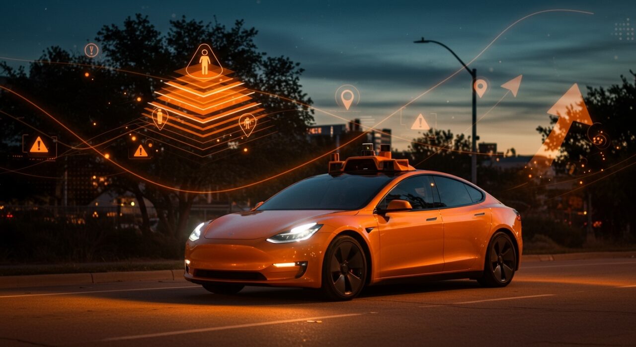 Tesla Robotaxi en Austin con alertas de accidentes y representaciones visuales de desafíos de la conducción autónoma y tendencias tecnológicas.