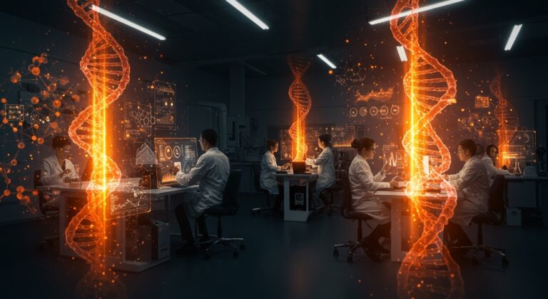 Innovadores en laboratorio futurista trabajando con IA y biotecnología en la plataforma Teva Rise para startups farmacéuticas.