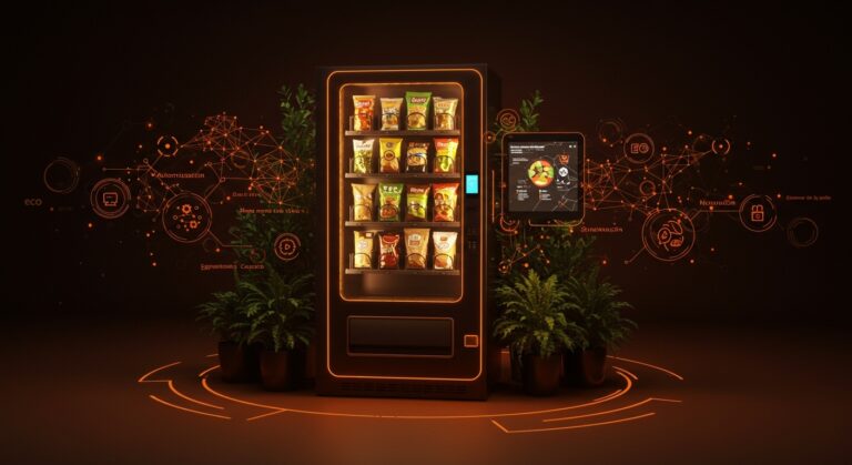Máquina vending saludable automatizada con inteligencia artificial y enfoque en sostenibilidad para retailtech innovador.