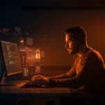 Desarrollador de software concentrado trabajando código seguro y optimizado para SaaS con enfoque en seguridad y rendimiento.