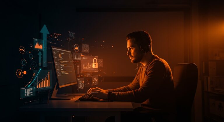 Desarrollador de software concentrado trabajando código seguro y optimizado para SaaS con enfoque en seguridad y rendimiento.