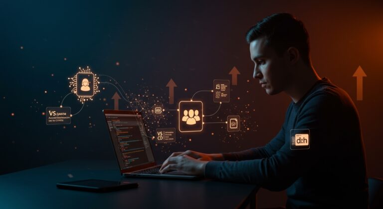 Founder utilizando Gemini CLI para automatización y escalado de flujos IA agentic con integración VS Code y MCP servers en un entorno tecnológico avanzado.