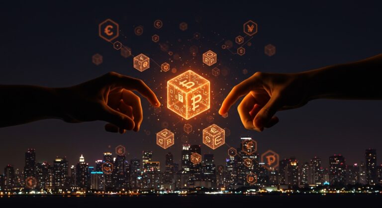 Visualización de tokenización de activos reales en LATAM con blockchain y fintech, mostrando intercambios digitales para inversiones cripto.