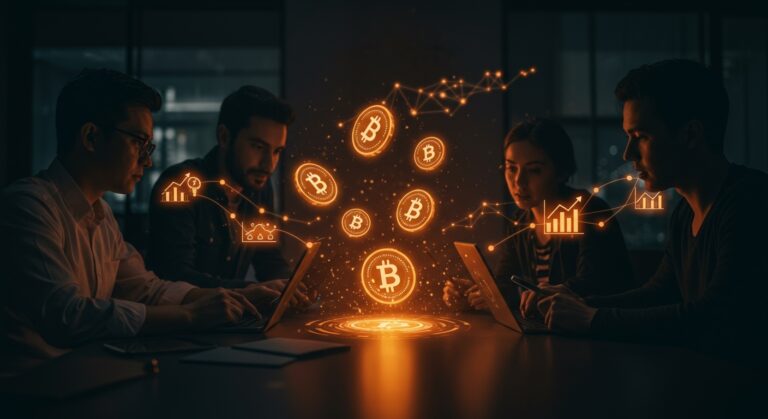 Innovación y tokenización en startups de LATAM representadas por tokens digitales y redes blockchain en un ambiente de emprendimiento moderno.