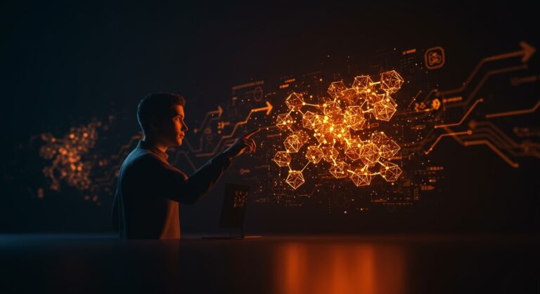 Visualización de esquema JSON eficiente para IA y desarrollo SaaS con validación rápida y automatización en tonos naranja y negro.