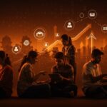 Trabajadores gig en India con elementos visuales de ley laboral y seguridad social en economía digital.