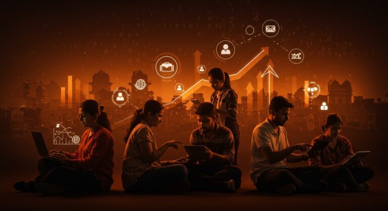 Trabajadores gig en India con elementos visuales de ley laboral y seguridad social en economía digital.