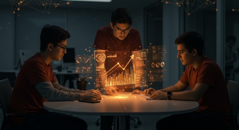 Tres innovadores chilenos menores de 35 colaborando en una proyección digital que simboliza la innovación tecnológica y el ecosistema startup en Latinoamérica.