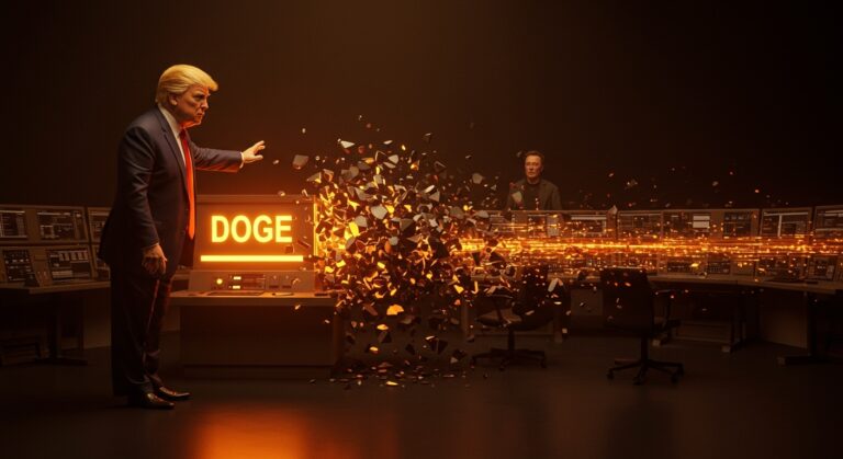 Donald Trump desmantelando el equipo federal DOGE de Elon Musk, ilustrando el impacto en tecnología y startups en LATAM.
