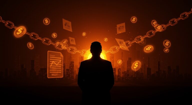 Intersección entre política y cripto con figura política, símbolos de WLFI y elementos regulatorios en paleta Ecosistema Startup.