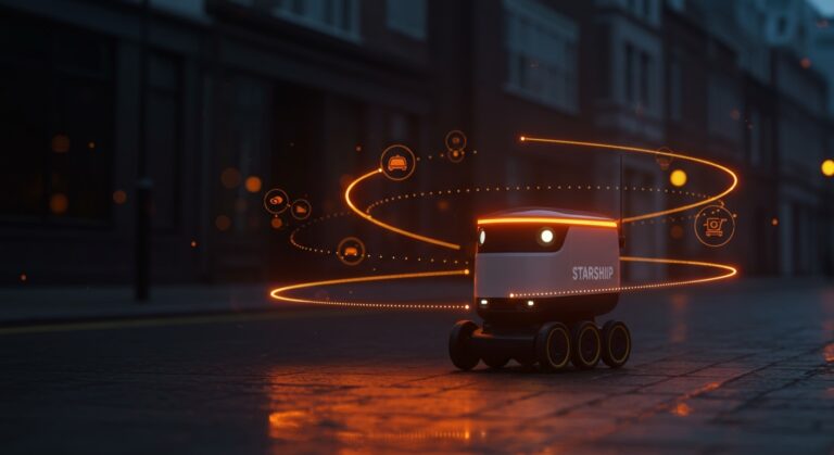 Robot de delivery Starship automatizado en las calles urbanas del Reino Unido, representando la automatización y tendencias foodtech en Europa.