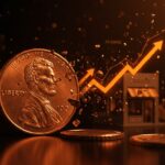 Moneda penny estadounidense eliminada con gráficos económicos y símbolos de impacto en minoristas y startups.