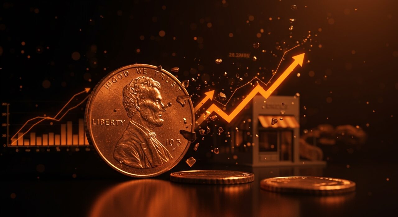 Moneda penny estadounidense eliminada con gráficos económicos y símbolos de impacto en minoristas y startups.