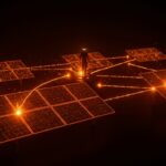 Minigranjas solares interconectadas iluminadas en naranja, representando energía distribuida e inversión internacional en cleantech en Colombia.