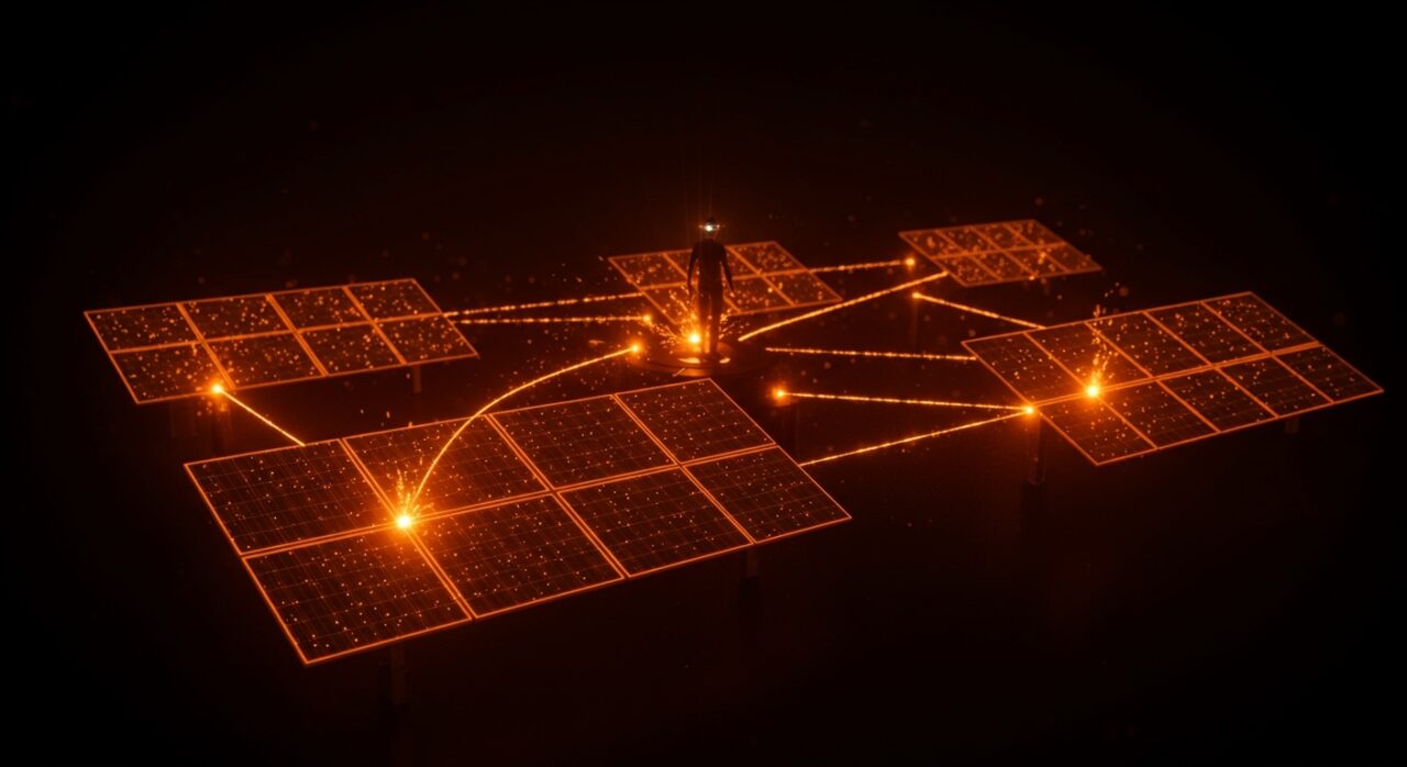 Minigranjas solares interconectadas iluminadas en naranja, representando energía distribuida e inversión internacional en cleantech en Colombia.