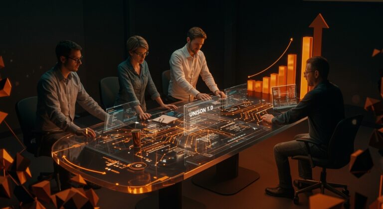 Desarrolladores colaborando en tiempo real con tecnología Unison 1.0 para programación y despliegue SaaS en la nube.