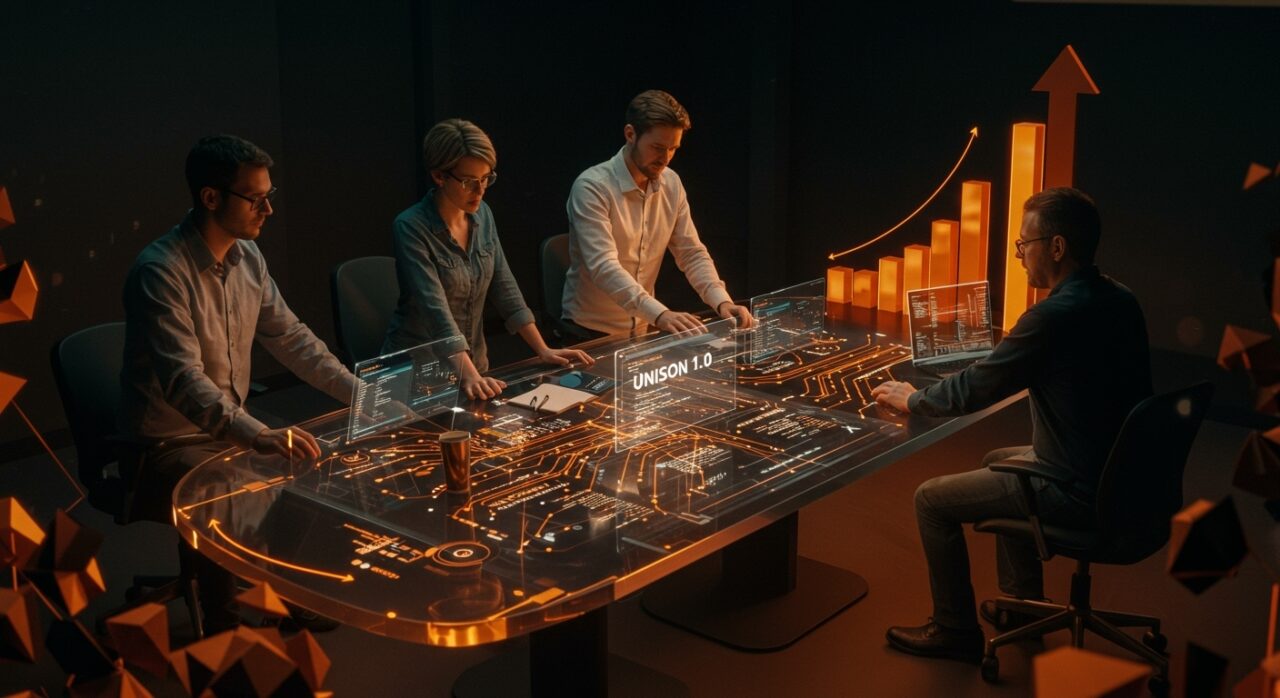 Desarrolladores colaborando en tiempo real con tecnología Unison 1.0 para programación y despliegue SaaS en la nube.